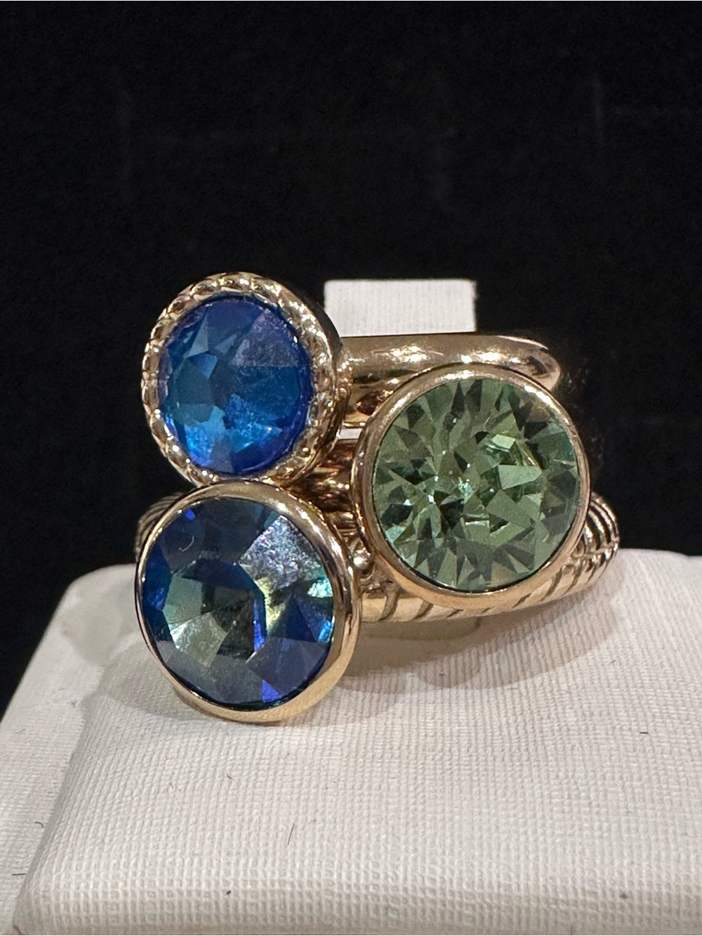 QUO100 - Set of 3 Gold-Tone Blue & Green Crystal Stacking Rings – Size 6